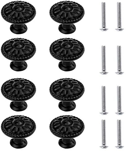 Qwrqwr Vintage Möbelknöpfe Schwarz Matt mit Blumenmuster 8er Set Schubladenknöpfe mit Schrauben für Kommode Kleiderschrank Schublade und Tür Retro Design (Schwarz Matt)