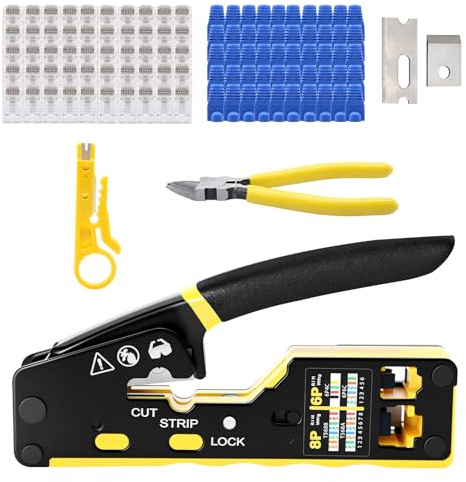Set di pinze a crimpare RJ45, strumento di rete per connettori di rete CAT5/CAT6/CAT7,50 connettori CAT6, 50 cappucci, strumento di riparazione professionale RJ45/RJ11/RJ12