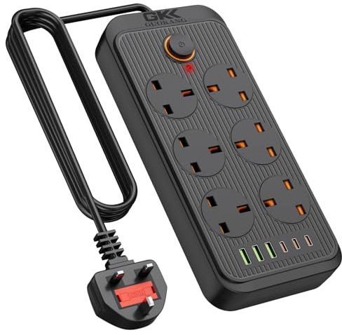 Power Strip 6 AC UK Plug Extension Lead with 3 USB-C Ports Socket outlets | 1.8m cable, Multi UK plug , 3USB-A & 3USB-C 5V 2.1A , 10A 2500W , ideal for home/office/kitchen/Gaming room