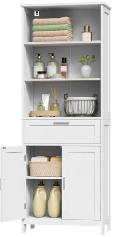 eSituro Badezimmerschrank, Badschrank Hochschrank, Aufbewahrungsschrank mit 2 Türen, 3 offenem Ebenen und 1 Schublade, Mehrzweckschrank für Badezimmer Büro Küchen Wohnzimmer, 60 x 160 x 30 cm, Weiß