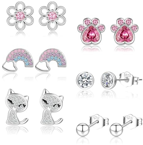 SENTERIA 6 Pairs Sterling Silver Stud Earrings for Women, Hypoallergenic Silver Studs for Girls Cute Pink CZ Cat Heart Flower Silver Earrings for Women Sleeper Earring Set for Multiple Piercings