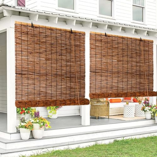 Natural Bamboo Blinds Waterproof Patio Roller Shades Outdoor Blackout Roman Shades Breathable Roll Up Blinds for Windows Kitchen Garden 50 70 90 110 130 150 170 180cm
