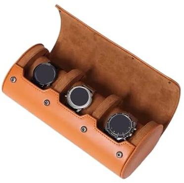 HUWOYG 2 st klockrullar resefodral box organiserare för män med 1/2/3 fack visningsförvaring bärbara rullar PU-läder fodral för män och kvinnor (3 spår brun)