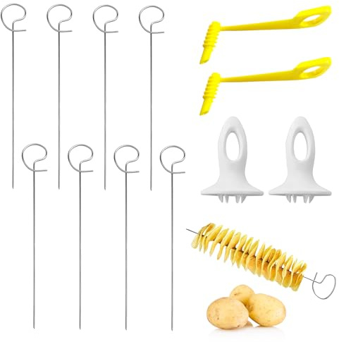 pelriox 12 Piezas Cortador Patatas Espiral – Cortador de Acero Inoxidable, Ideal para Cocina Casera & Barbacoas al Aire Libre, 2 Juegos Completos con Empuñaduras y Brochetas