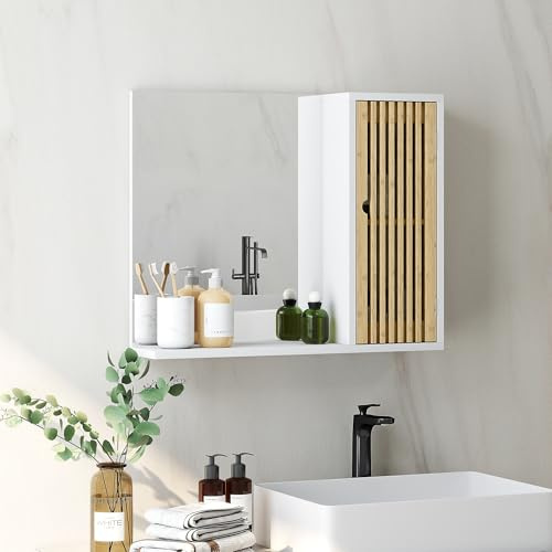 HOMCOM Espejo de Baño 60x50 cm, Espejo de Pared con Puerta de Listones de Bambú, Estantes de Almacenaje, Blanco y Natural