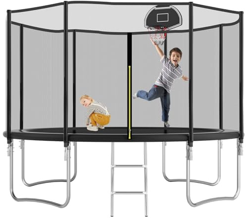 FammyLoft 12ft Trampoline with Enclosure and Ladder, Outdoor Garden Trampoline for Kids, Heavy Duty Trampoline with Basketball Hoop, Large Round Family Trampoline, Black