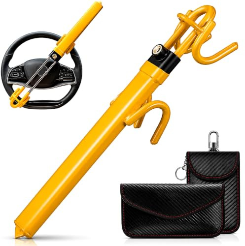 EIDANZ Steering Wheel Lock with Emergency Window Breaker and 2 Faraday Pouch for car Keys, car Steering Wheel Locks, Adjustable Length, High Visibility Yellow, Car Accessories, 2 Keys