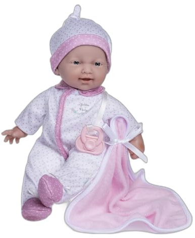 JC TOYS - The Baby 28 cm docka har mjuk och tvättbar kropp, filt och napp, vit och rosa prickar, designad i Spanien, +12 månader
