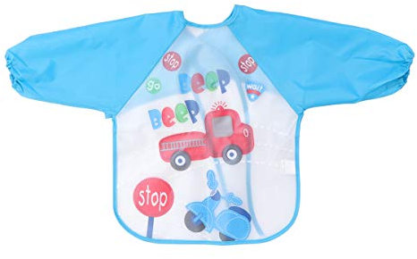 Eva Sky Blue Car Pattern Toddler Apron with Sleeves, Waterproof Kids Art Smock for Painting, Ideal for Ages 1-3, Lightweight and Breathable