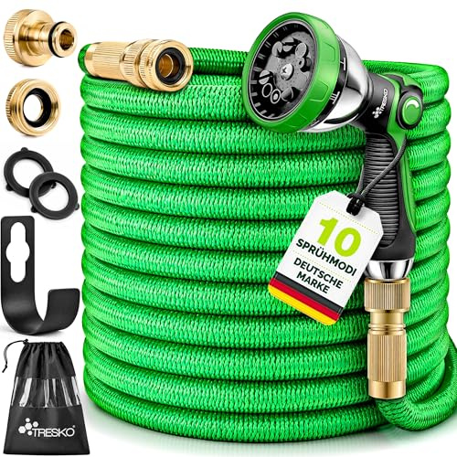 TRESKO® Flexibler Gartenschlauch 15 m mit 3-Fach Latex & 10 Modi Brause | FlexiSchlauch dehnbar inkl. 1/2 & 3/4 Adapter, Wandhalterung & Tasche | Wasserschlauch Flexibel mit Messing Anschlüssen
