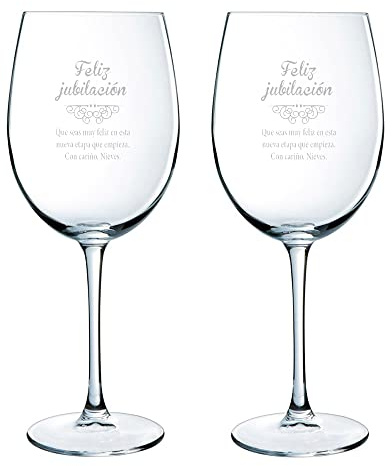 CALLEDELREGALO Copas de Vino Personalizadas con Texto Grabado, Vidrio, Set de 2, Reutilizables, Ideales para Regalo (JUBILACIÓN)