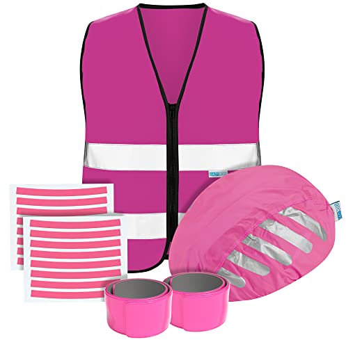EAZY CASE - Fahrrad Zubehör 4 in 1 Set mit Reflektoren Fahrrad, Warnweste Kinder, Fahrradhelm Regenschutz und Schnapparmband, Einschul Geschenke, Schulanfang Geschenke für Mädchen, Helmüberzug - Pink
