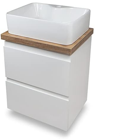 VBChome Badmöbel 50x40 cm Weiß Aufsatzwaschbecken mit Hahnloch 49x38 cm Aufsatzwaschtisch Waschbeckenunterschrank mit Arbeitsplatte 2 Schubladen Moduo Badezimmerschrank Modern