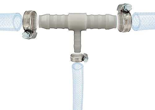 tecuro Schlauchverbinder T Stück, reduziert Ø 10 x 7 x 10 mm, mit Edelstahlschlauchschellen - Nylon weiß