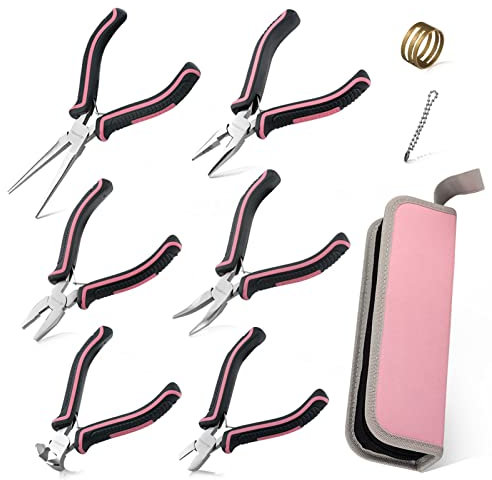 LEONTOOL 6 Pcs Mini Pliers Set Needle Nose Plier End Cutting Pliers Long Reach Curved Jaws Diagonal Cutting Pliers Linemans Pliers for Jewelry Making, Pink, with Pouch