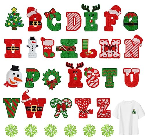 Bekecidi 32 Stück Weihnachts Aufnäher zum Aufbügeln, Buchstaben Stickerei Stoff Applikation Aufnäher für Weihnachtskleidung DIY Basteldekoration, Festival Ornamente