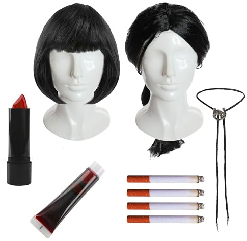Adults 90s Crime Film Duo Accessory Set - Long Black Wig, Bootlace Tie, Black Bob Wig, Red Lipstick, Fake Blood, 4 Fake Cigarettes - Men's Ladies Couples TV Film Fancy Dress Costume Accessory Set