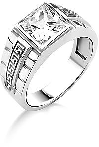 BySilverStone Jewelry Herren-Siegelring Mit Kubischem Zirkonia-Stein Aus Sterlingsilber, Gravierter Quarzstein-Ring Für Den Kleinen Finger, Männlicher Versprechensring, Weißer Quarzstein-Ring
