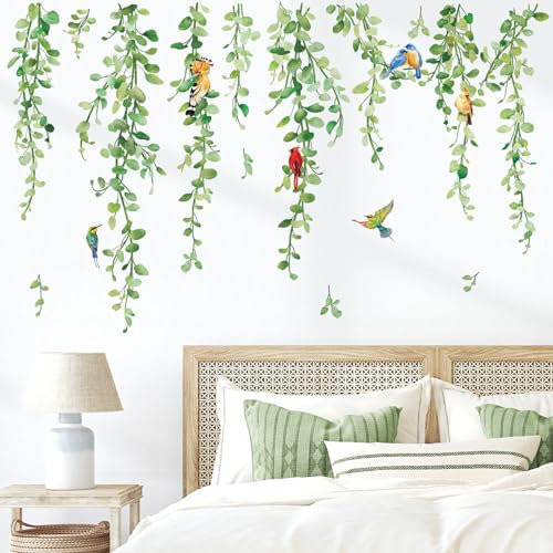 wondever Wandtattoo Hängende Rebe Wandaufkleber Blätter Grün Pflanze Vögel Wandsticker Wanddeko für Wohnzimmer Schlafzimmer Sofa Hintergrund