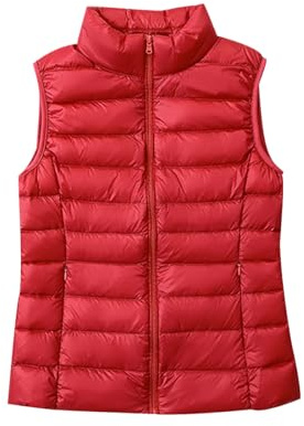 Doudoune Légère sans Manche Femme Gilet Duvet Matelassé Veste Fine Blouson Manteau Hiver Grande Taille Rouge XXL