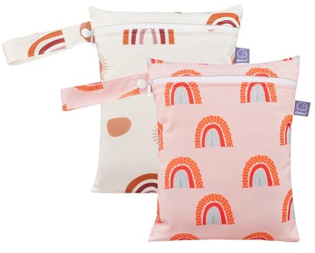 Treer 2 Stück Windeltasche Wetbag für Unterwegs, Baby Nassbeutel für Stoffwindeln, Wiederverwendbar Wasserdichte Toilettenartikel Organiser Beutel mit Reißverschluss (18x25cm,Rosa Regenbogen)