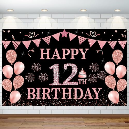 Rotgoldenes Banner zum 12. Geburtstag, große Größe, Happy Birthday Banner für 12 Jahre, Party-Foto-Requisiten-Hintergrund, Dekoration