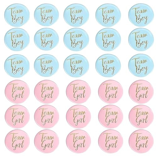 HAPPOW 30 Stück Geschlecht Offenbar Button, Boy or Girl Pin Gender Reveal Rauchbombe, 4.5cm Rund Gender Reveal Pin, für Baby Shower Party Dekoration (Blau Und Rosa)