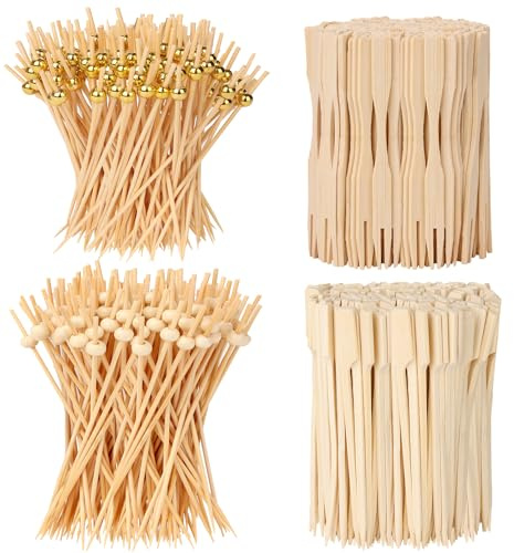 400PCS Cocktail Picks, Sublaga 4.7 Eco-friendly Natural Bamboo Ball Food Picks, Fancy Toothpicks for Appetizers, Drinks Party Fruit, Bamboo Gold Ball Food Sticks Charcuterie Boards Accessories