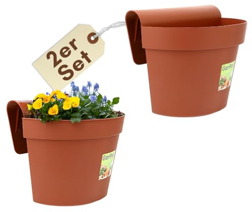 GarPet 2er Set Geländertopf Balkon mit Wasserspeicher Blumentopf Zaun Blumenkasten Geländer Geländerkasten Balkontopf Balkonkasten Blumenkasten Balkongeländer Terracotta