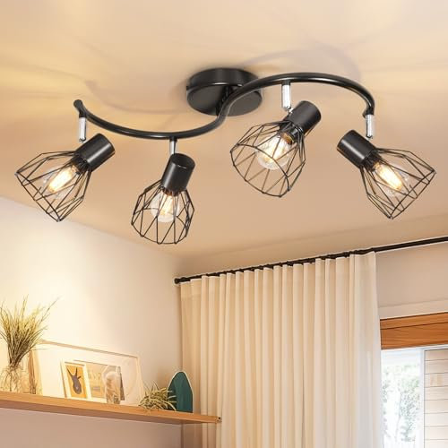Kimjo Luminaire Plafonnier Led Orientable 4 Spot Noir - Plafonnier Industriel Luminaire E14 Spots de Plafond - Rampe de Spots Applique Murale Chambre Sans Ampoule pour Cuisine, Salon, Couloir