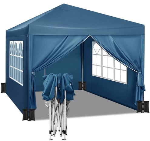 WOLTU Pabellón de Jardín Cenador Plegable Pérgola Cuadrada con Diseño Pop Up Carpa con Cubierta Tela Oxford Hecho de Tubos Metales, 3x3 m, 4PCS Bolsas de Arena Vacía para Carpas,Azul