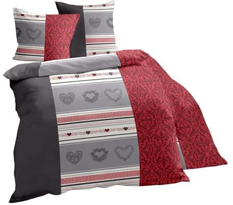Traumschlaf Biber Bettwäsche Corby – Kuschelig weiche Winterbettwäsche aus 100% Baumwolle im modernen Herz- und Streifendesign mit Reißverschluss – 135x200 cm + 80x80 cm