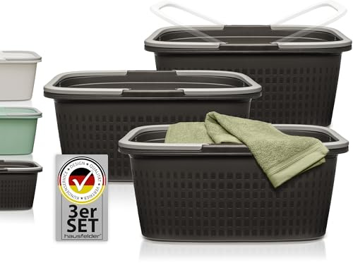 Hausfelder Wäschekörbe 3er Set, 58x37x25cm, Anthrazit-Schwarz | Wäschekörbe 3er Set mit Henkel, stabile Wäschewannen klappbar stapelbar, Wäschekorb Set mit Griffen