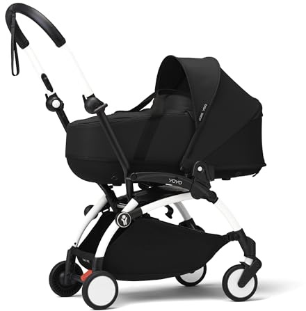 Stokke YOYO3 Kinderwagen mit Liegewanne (Black) - Inklusive Rahmen (White), Liegewanne, Doppelmatratze, Fußbezug, gepolstertem Schultergurt und schützender Aufbewahrungstasche