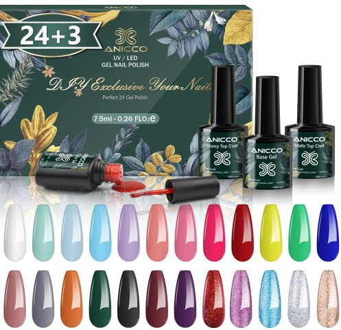 27 Pz Semipermanente Unghie, 7.5ml Smalti Gel per Unghie UV LED con Base e Top Coat, Matt Coat, Nudo Glitter Rosso Gel Polish Collezione di Smalto per Unghie
