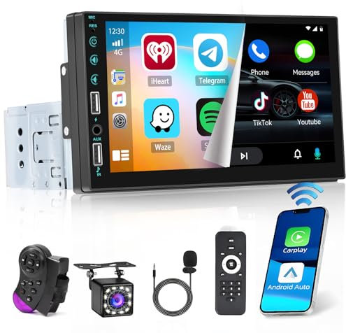 Ohradio Autoradio 1 Din Wireless CarPlay e Android Auto, 7 Pollici Touchscreen Stereo Auto Bluetooth 1 Din con Radio FM Mirror Link USB BT SWC MIC Telecomando Retrocamera