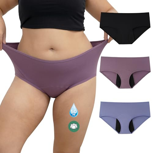 INNERSY Mutande Ciclo Mestruale Donna Flusso Abbondante Slip Mestruali Taglie Forti Cotone Pacco da 3 (4XL, Nero, Blu, Viola)