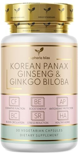 Panax Ginseng Capsules - 6000mg Korean Red Ginseng and Ginkgo Biloba - Ashwagandha 1000mg, Ginger - for Men & Women - Premium Ginseng Root Standardised 20% Ginsenosides - 30 Tablets - UK Made