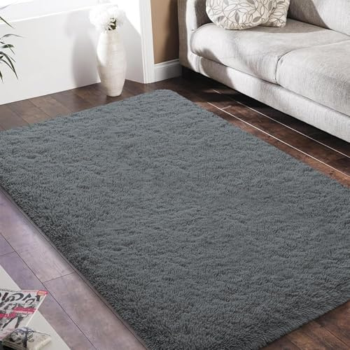 HOKXUAN Hochflor Teppich Wohnzimmer 140 x 80 cm Kurzflor rutschfest Flauschig Flauschige Moderne Teppiche Matte Teppichen Modernes Einfarbiges Design für Küche, Schlafzimmer, Dunkelgrau