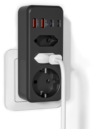 WENTONG Presa Multipla USB con 1 Schuko e 2 Spine EU, Multipresa da Parete con 4 USB 5V/3.4A, 3500W Presa Piatta Salvaspazio 15A, per Ufficio, Famiglia, Cucina e Viaggio