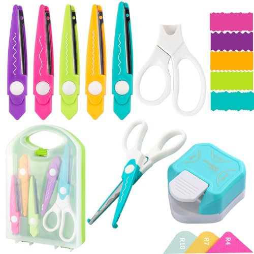 7-teiliges Bastelscheren-Set, 3-in-1-Eckenrunder, Papierstanzer, dekorative Papierkantenschere mit Aufbewahrungsbox, 5 Arten, Zickzack-Kanten, Scheren für DIY-Projekte, Papierkarten, Fotos, Karten und