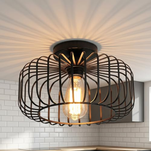 BRAVECOW Vogelkäfig Deckenlampe,Deckenleuchte Schwarz,Lampenschirm aus Metall,kompatibel mit E27-Fassung,Flurlampe Hängelampe für wohnzimmer, küche,Schlafzimmer
