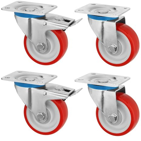 WDB - Möbelrollen 100 mm - Schwerlastrollen bis 600 kg [4 Stk] - Transportrollen - Lenkrollen für innen und außen - set zwei drehbare Räder und zwei drehbare Räder mit Bremse