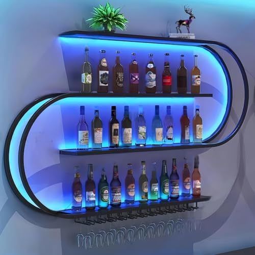 TUPAFJU Wall-Mounted Wine Rack with Led Light,wall wine rack,bar shelves,bar shelf wall mounted,wine glass holder,wall shelves for Home Bar,Dining Room,wine glass storage(Blue light,79in)