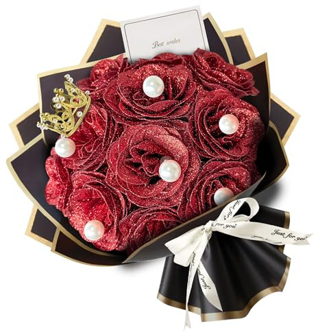 JINXIXI 12pcs Red Glitter Roses Bouquet,DIY Artificial Flower Bouquet Kit with Fake 6 pearls flower wrapping papers,Stems Cards for Gifts Valentine's Day,Anniversary,Birthday,Wedding,Graduations