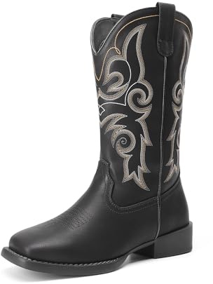 DREAM PAIRS Cowgirl-stövlar för kvinnor, broderade, fyrkantig tå, mitten av vaden västernstövlar modeklänning, tjocka lågklackade skor för temafest, landskonsert