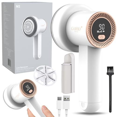 GASHIO M2 Luddrakapparat – elektrisk luddborttagare med 6 blad av rostfritt stål, USB-C-batteri, 3 hastigheter, för kläder, tröjor, ull, kashmir, filtar, möbler, textilier och soffor, bärbar
