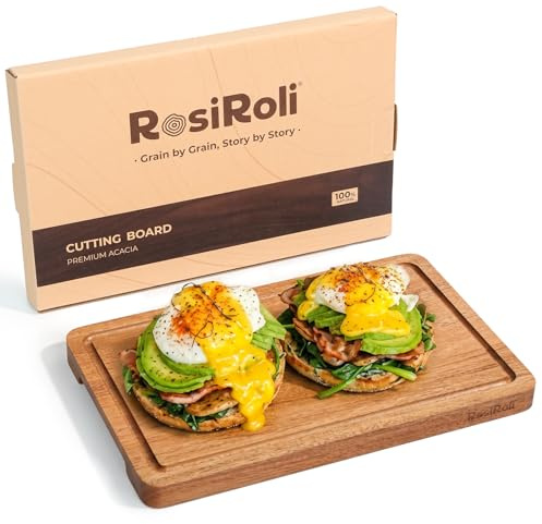 RosiRoli Small Acacia Wood Cutting Board for Kitchen - 11.5x7 Compact Tablet-Sized Chopping Board, Mini Charcuterie, Steak & Brunch Serving Tray with Juice Grooves & Handles, Gift for Mom & Women
