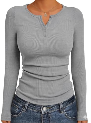 GLEENOD Langarmshirt Damen Gerippt Henley Shirt Knopfleiste Basic Oberteil | Modern im Y2K-Stil, figurbetont, dehnbar und angenehm weich für jeden Tag