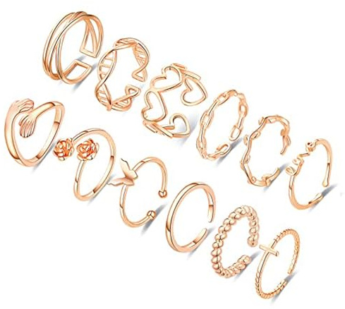 RUEYKEY 12PCS Roségolden fir Fraen Dainty verstellbar Knuckle Ringe Häerz Umarmung stapelbar Daumenring Set fir Fraen Modejuwelen